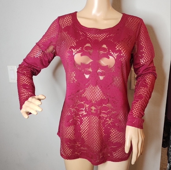 CACHE Burnout Sheer Maroon Long Sleeve Shirt Size Small - Picture 5 of 15